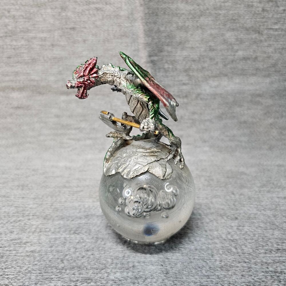 Pewter Dragon On Bubbled Glass Ball Figurine Paperweight D&D ~3.75"